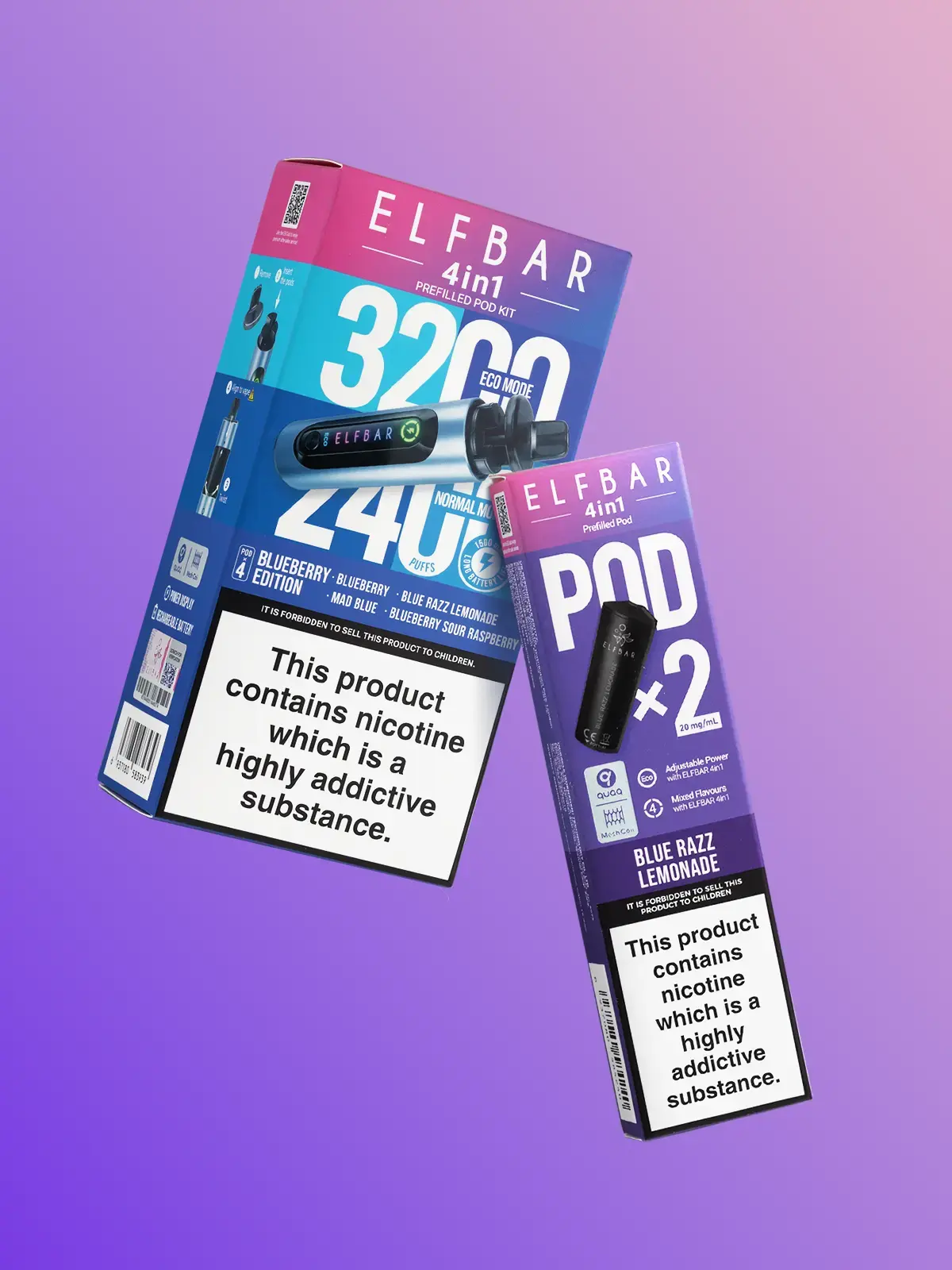 An Elf Bar 4 in 1 device kit in its box in Blueberry Edition, along with a pack of 2 Blue Razz Lemonate pods floating in front of a purple background