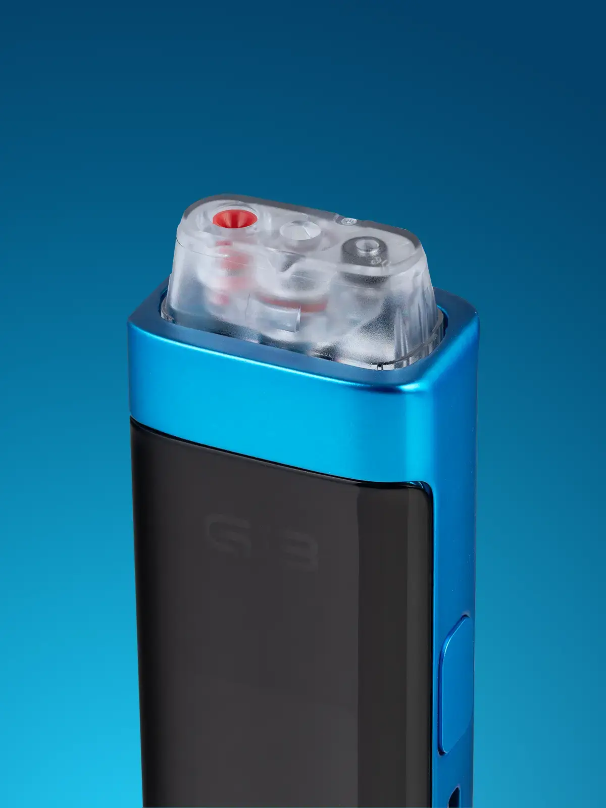 UWELL Caliburn G3 Pro device in Pacific Blue, with the pod inserted but the top cap removed showing the refill and airflow holes. Blue background.