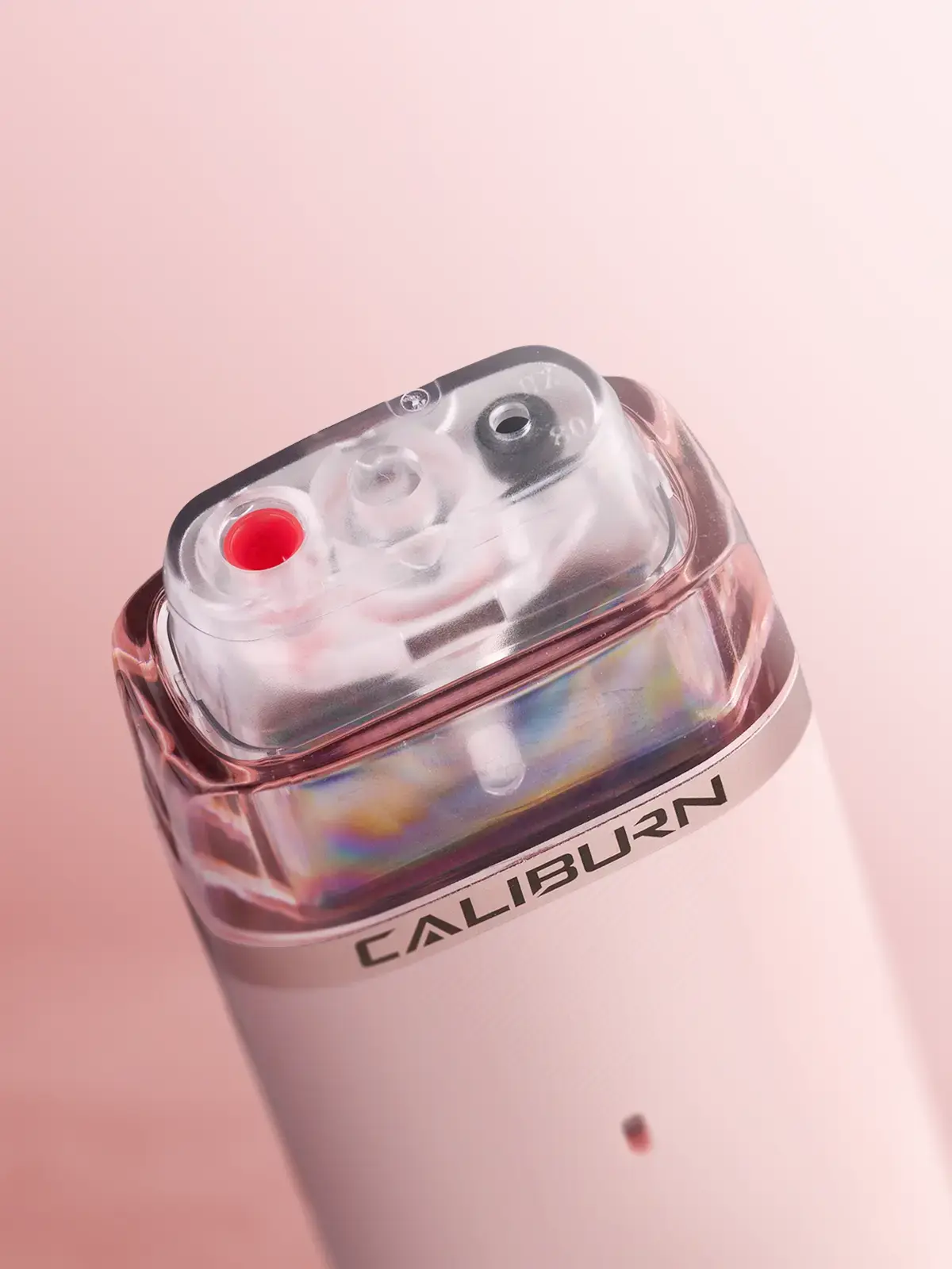 UWELL Caliburn G3 Lite in Pastel Pink colour, close-up of the top of the pod without its cap to demonstrate its mess-free top-fill system. Pink background.