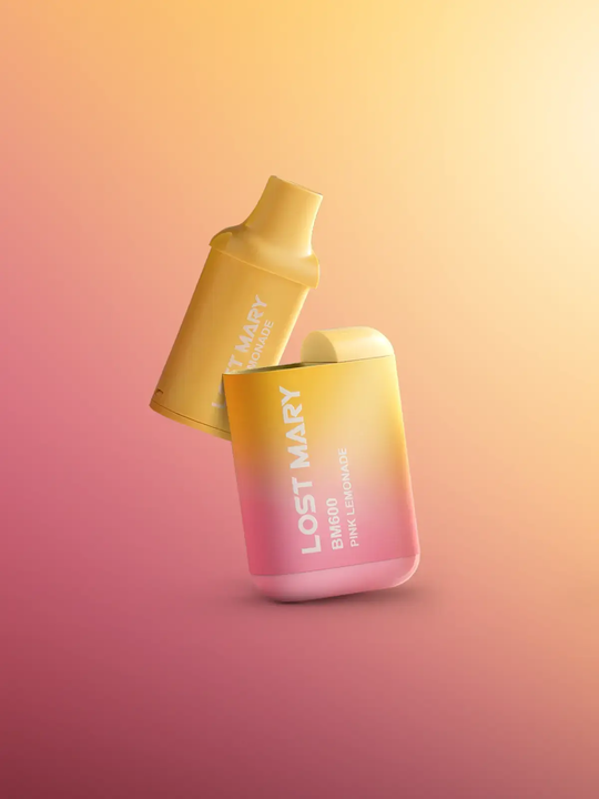 A yellow-pink Lost Mary BM600 kit with the pod hovering over it, floating on a yellow-pink background