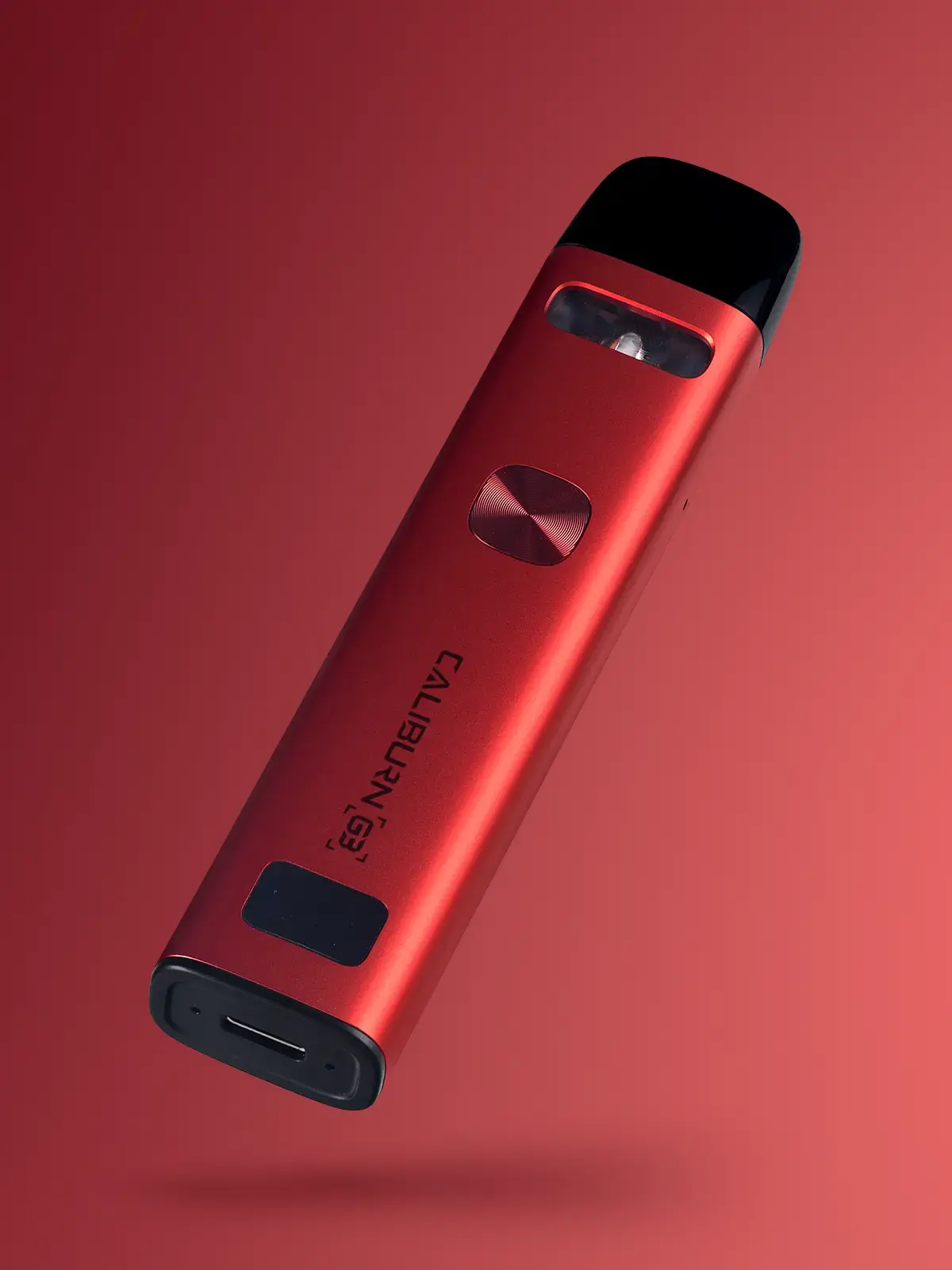 UWELL Caliburn G3 in Red, angled and floating in front of a red background.