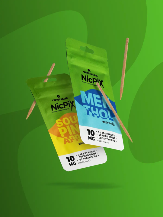 1x pack of Sour Pineapple and 1x pack of Menthol NicPix nicotine toothpicks, floating side by side on stylised green background