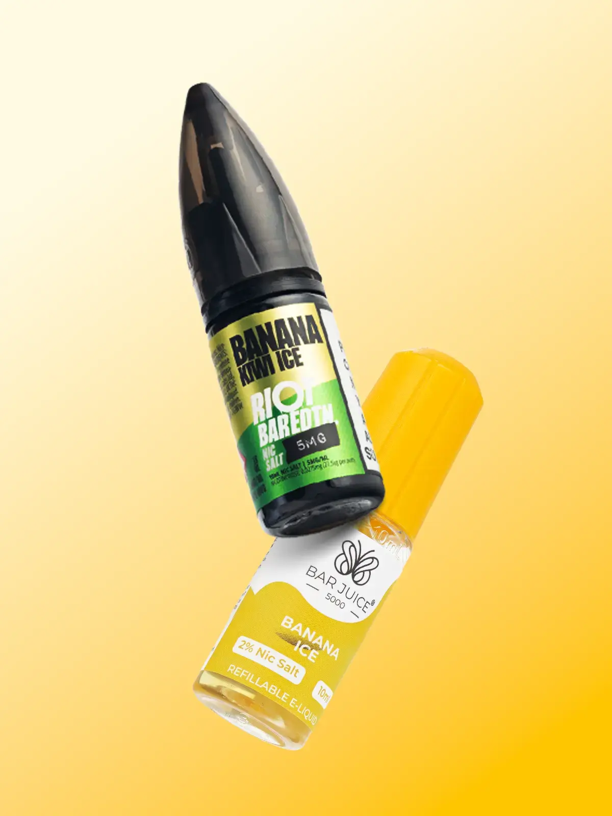 Two bottles of Banana e-liquid featuring Riot Bar Edtn Banana Kiwi Ice and Banana Ice by Elf Bar's Bar Juice 5000 range, floating in front of a yellow background