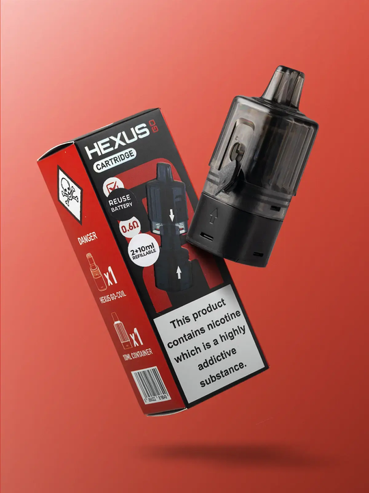 A black Hexus Go pod in front of its red and black packaging, floating on a red background