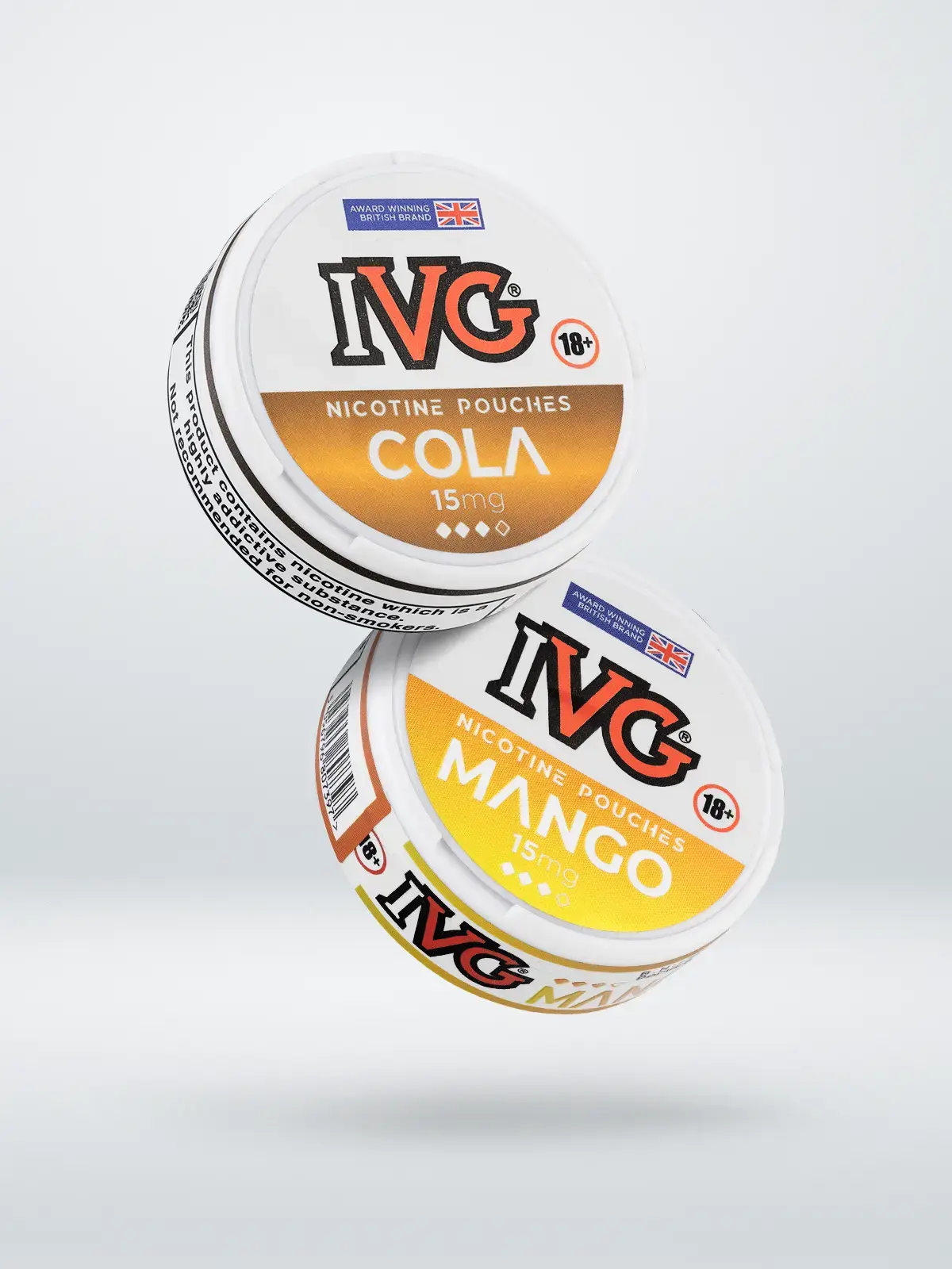 Two tubs of IVG Nicotine Pouches; Mango and Cola flavours in 15mg, floating in front of a light background.