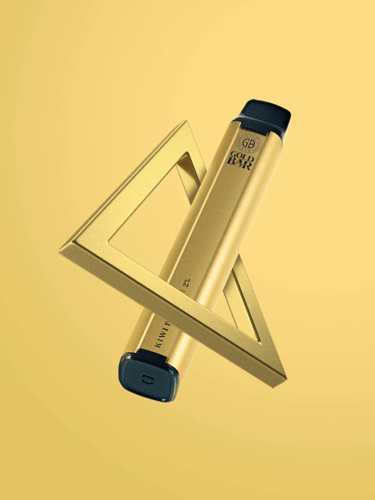 A Gold Bar disposable between a metallic golden triangle in front of a gold background