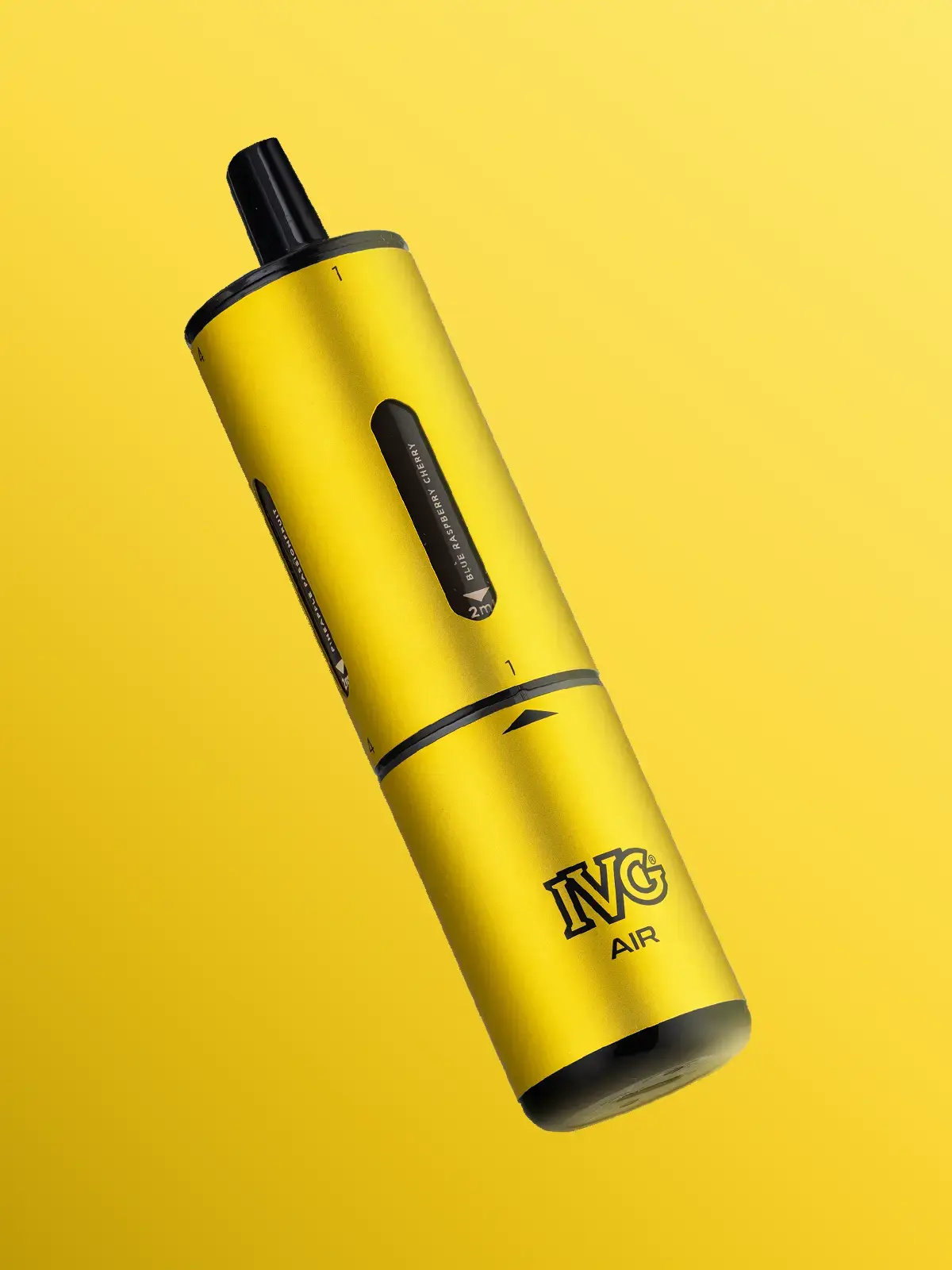 A Yellow Edition IVG Air 4-in-1 disposable vape floating in front of a yellow background