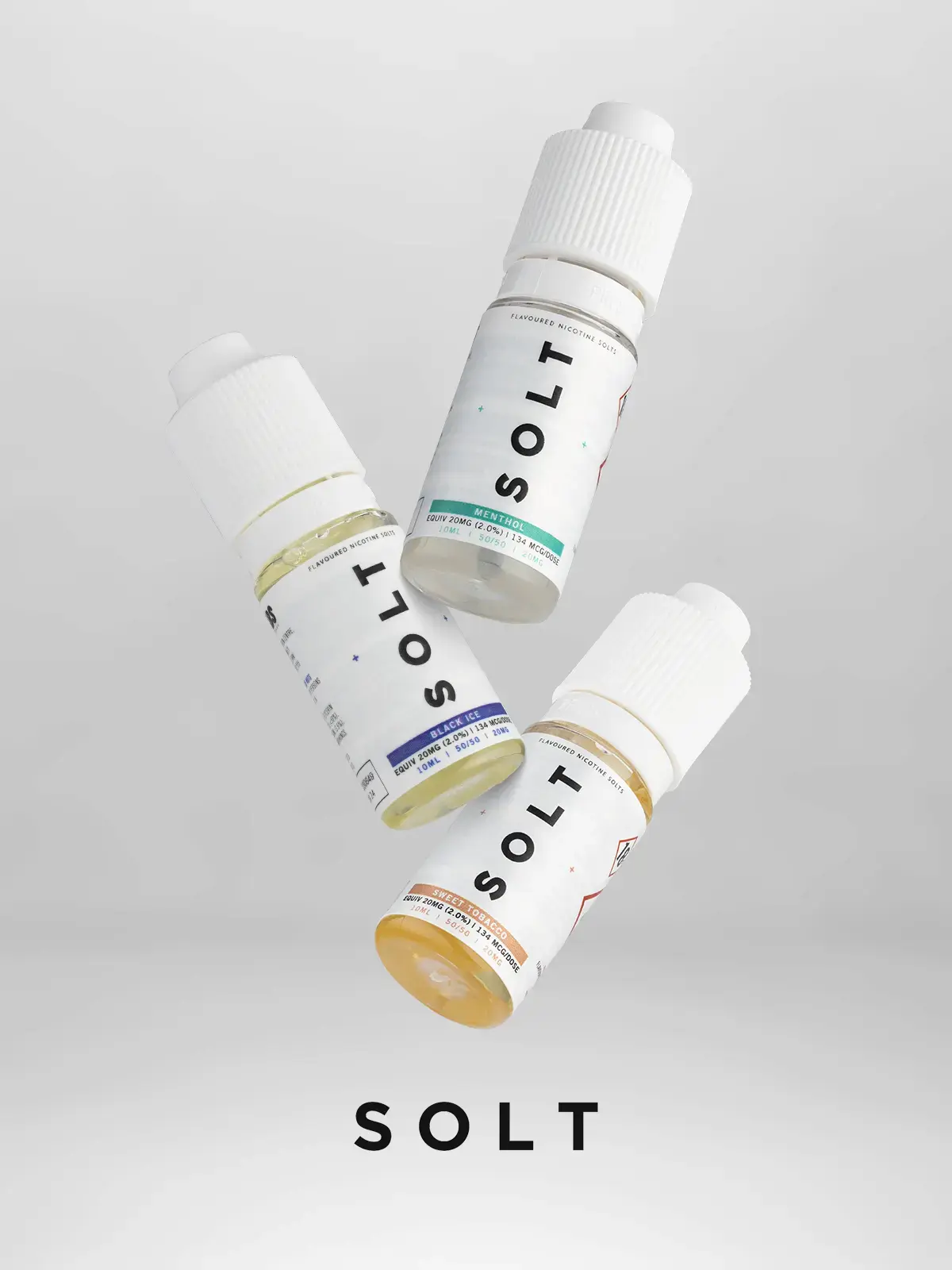 Three bottles of SOLT e-liquid in Menthol, Black Ice and Sweet Tobacco flavours, floating in front of a light background