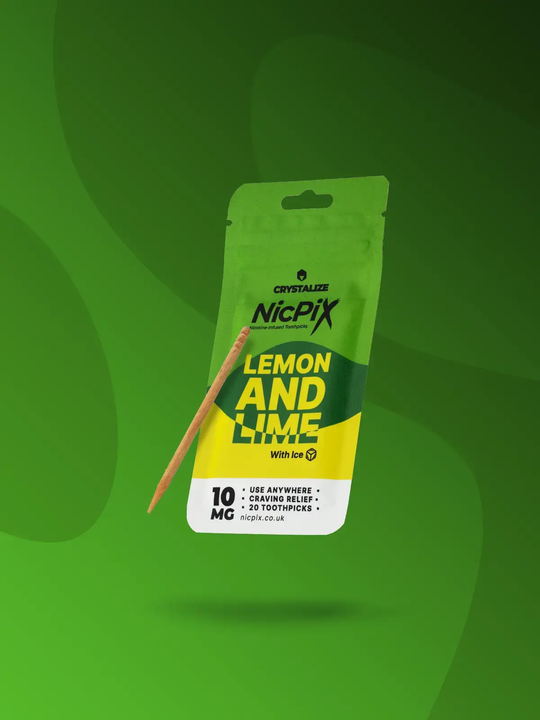 A pack of Lemon and Lime NicPix nicotine toothpicks on a stylised green background