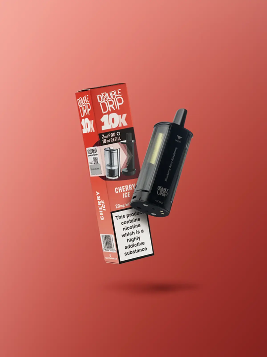 Double Drip Cherry Ice Kit Floating on a red background