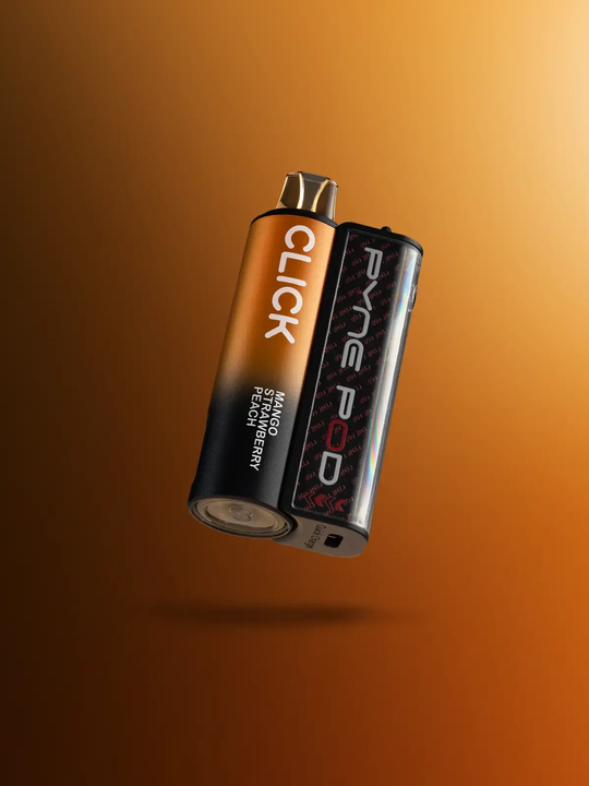 Pod Salt Pyne Pod Click kit in orange, floating on a orange-brown background.