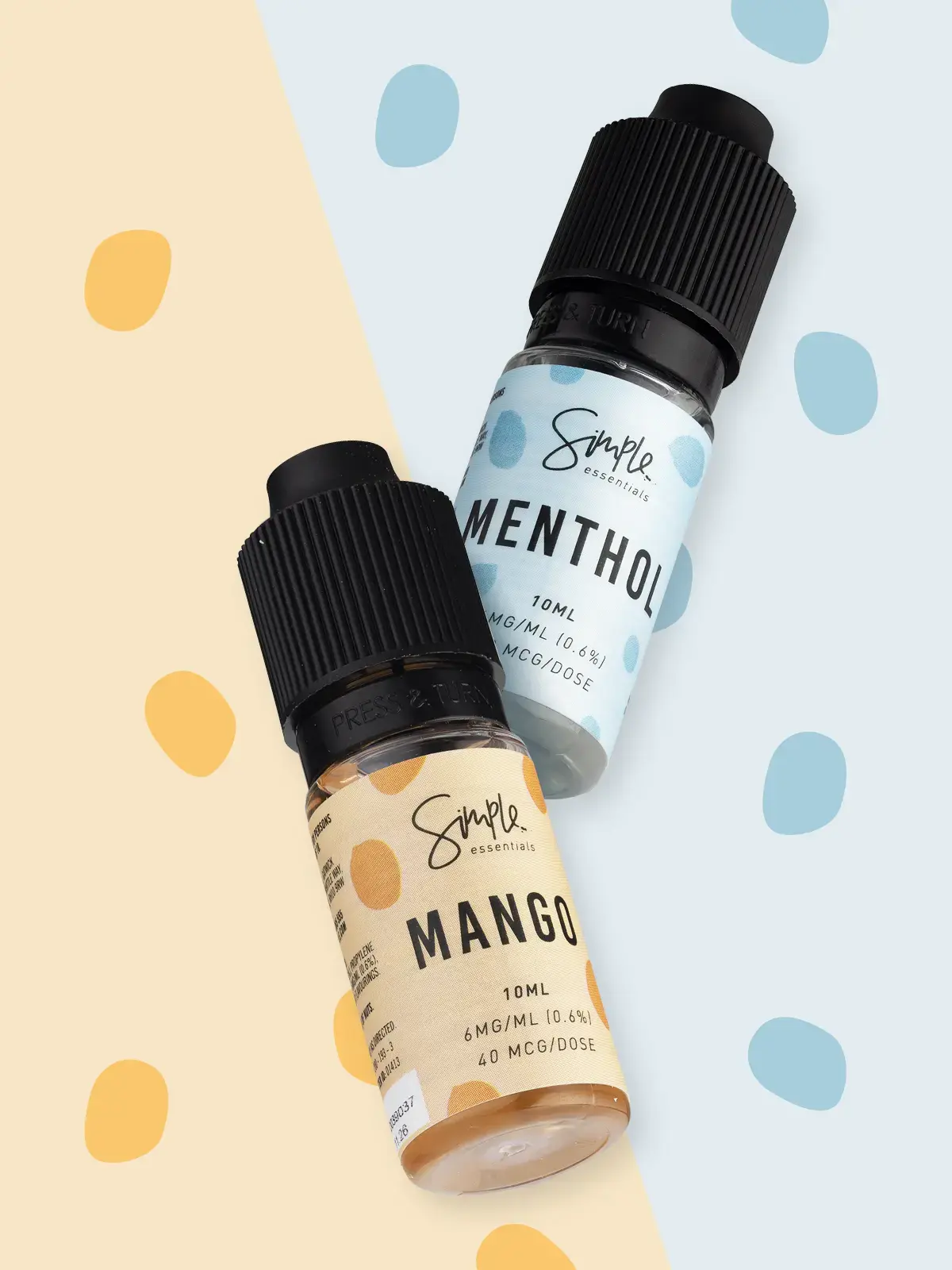 Two Simple Essentials bottles of e-liquid; Mango and Menthol flavours in front of a stylised Blue and Yellow background