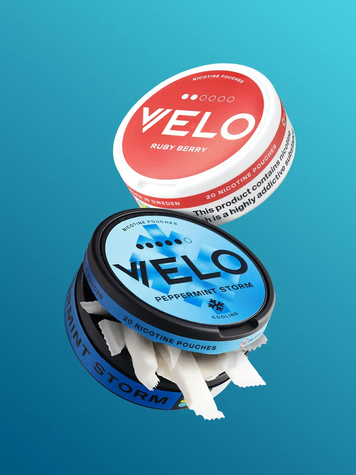 Two tubs of Velo nicotine pouches in Peppermint Storm and Ruby Berry flavours, floating in front of a blue background