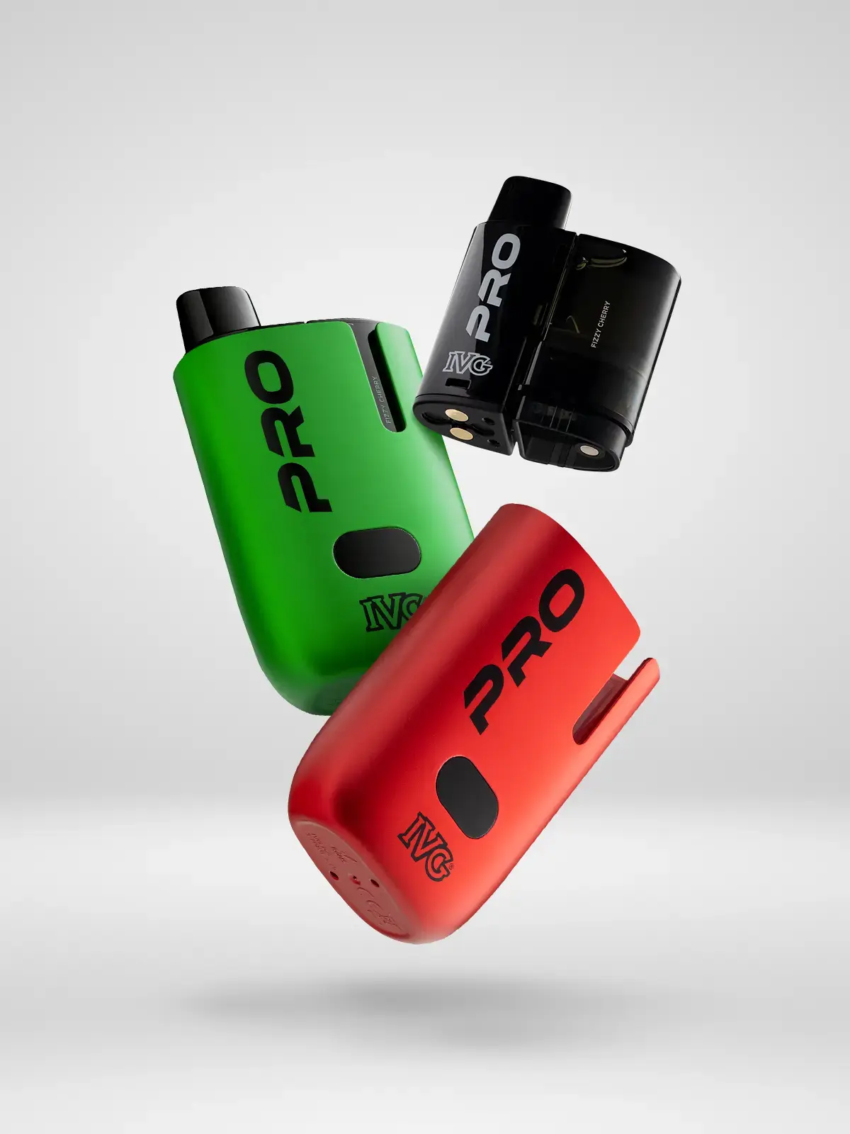 Two IVG Pro 12 devices along with a single pod, floating on a light background