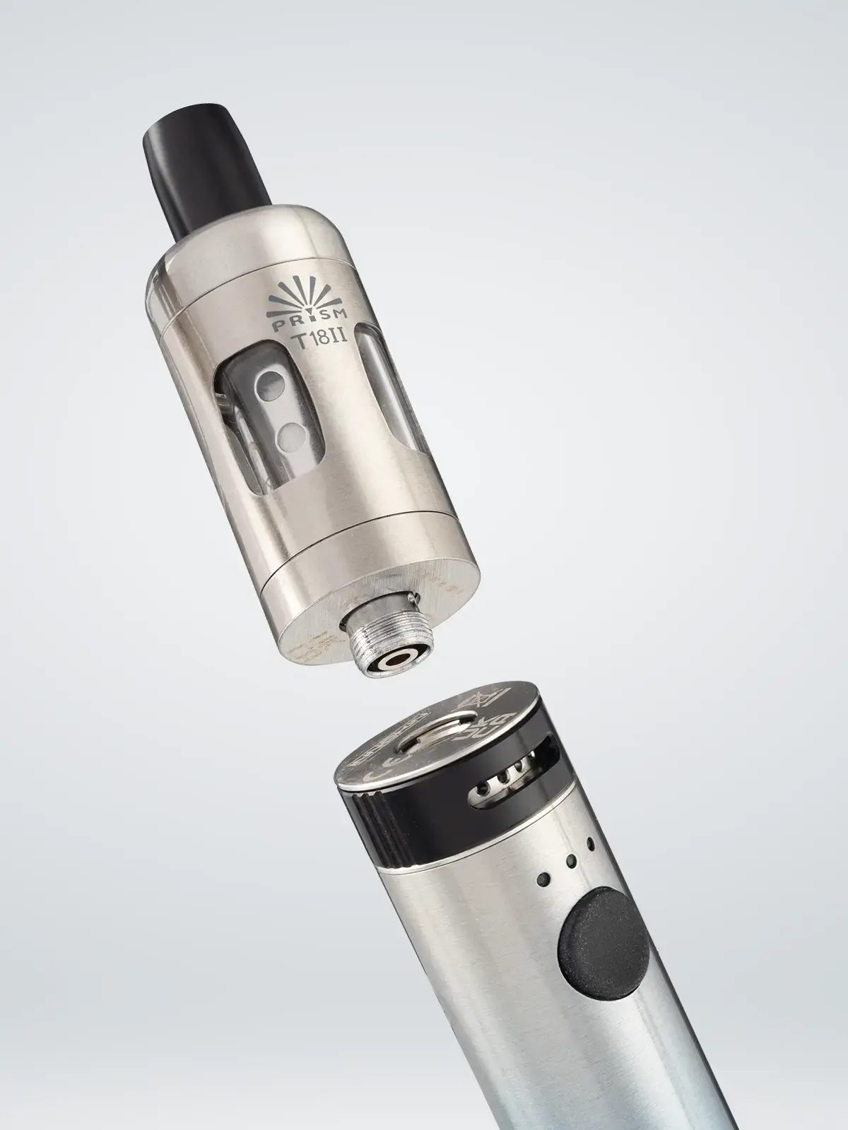 Innokin Endura T18 2 in Silver, floating in front of a light background with its clearomizer/refill tank unscrewed revealing its threading