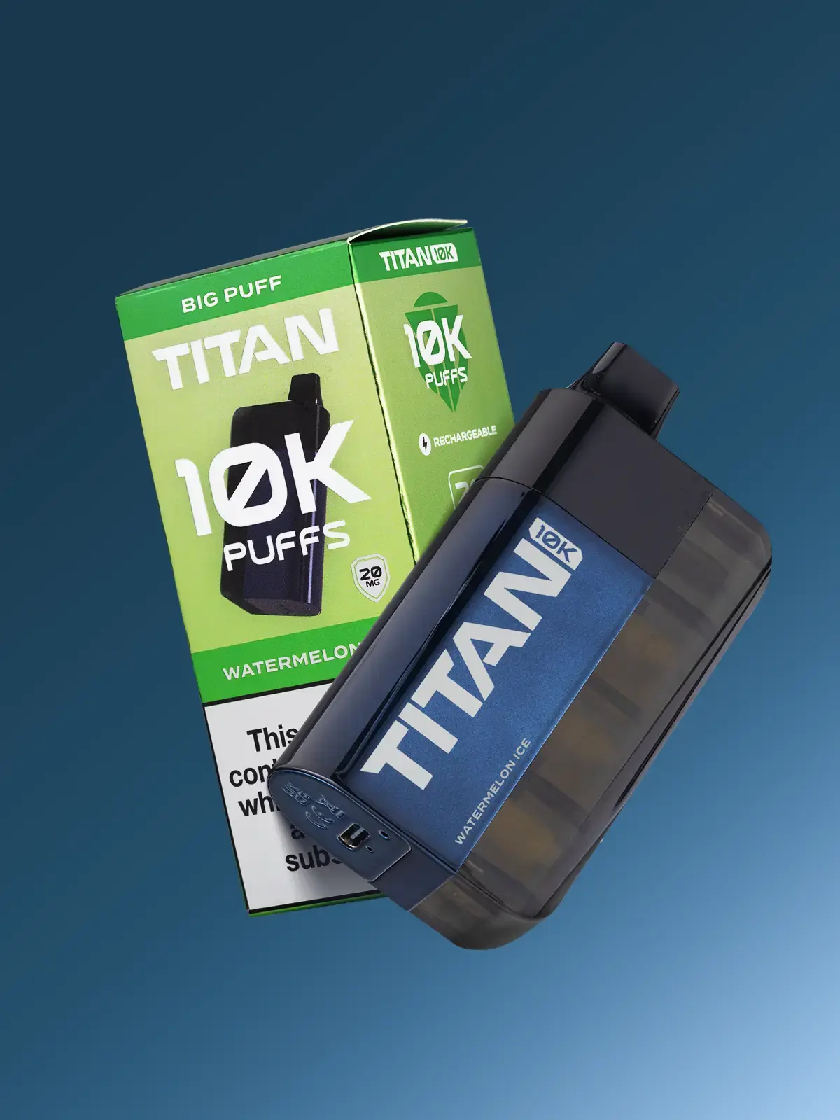 A Titan 10K device along with another in its box, floating in front of a dark blue background