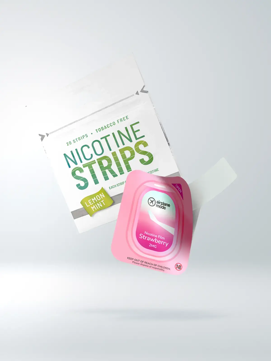 A pack of pink Lost Mary Airplane Mode nicotine film strips and a pack of white Nicoccino nicotine film strips floating side-by-side on a white background