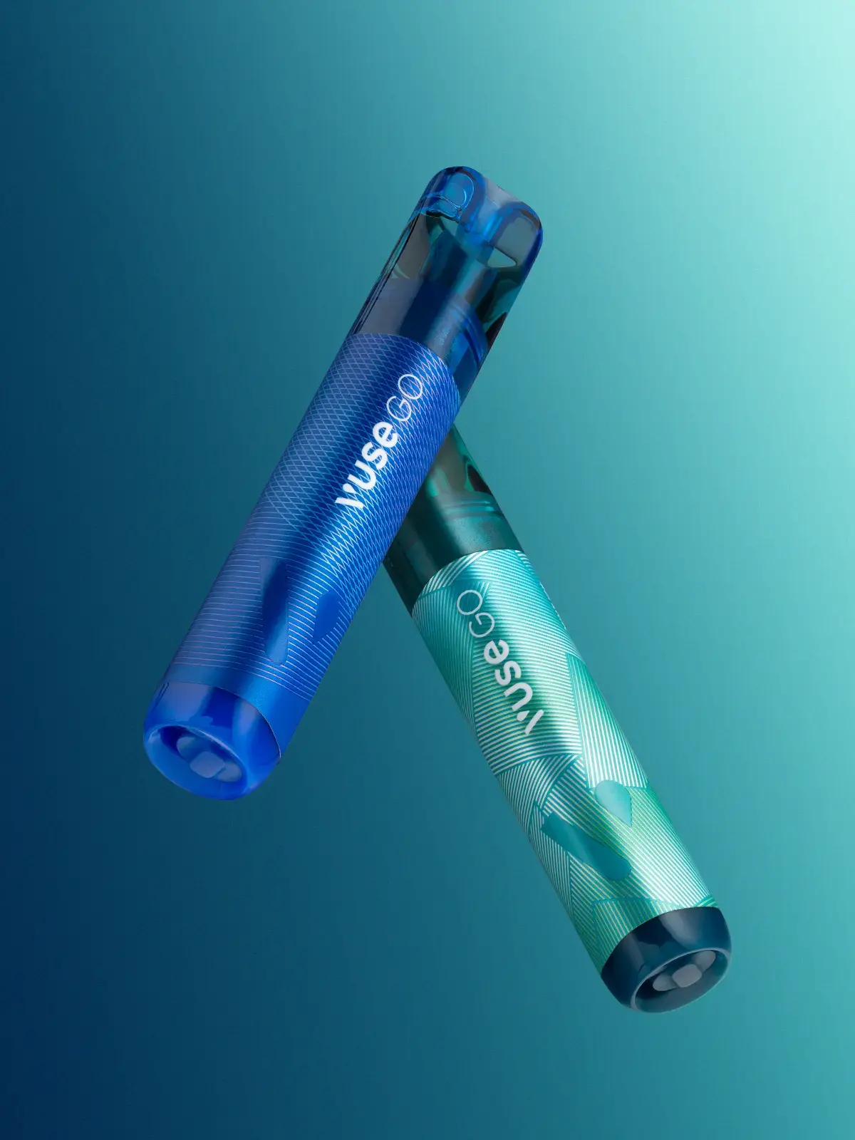 Two VUSE Go 1000 disposable vapes floating in front of a gradient blue background